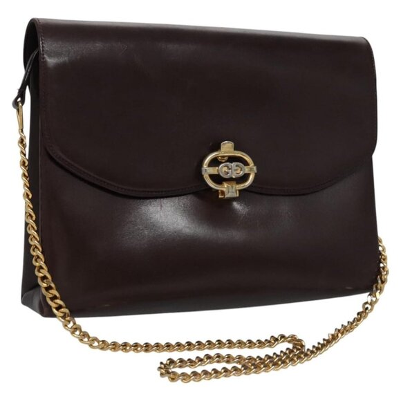 Authentic GUCCI Chain Shoulder Bag Leather Brown Gold